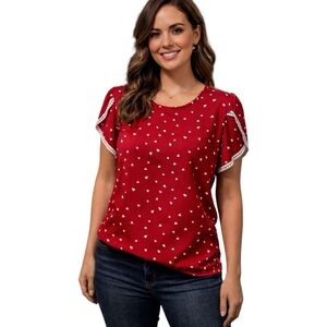 Angashion Large Red Short Sleeve Blouse Red Hearts Valentines Day Romantic